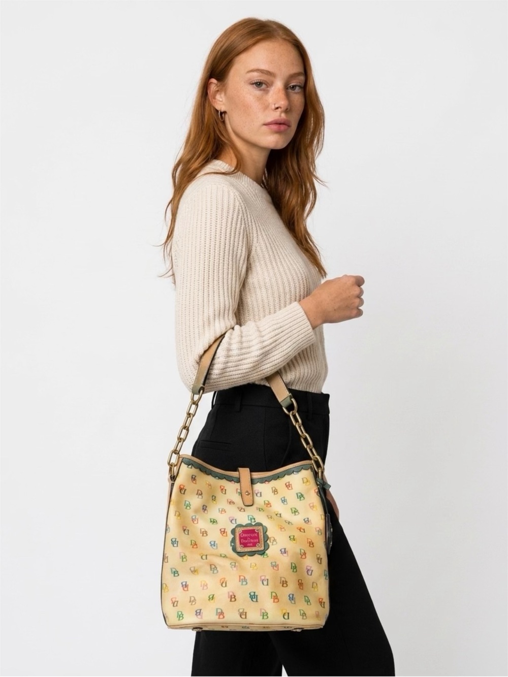 Dooney & Bourke Cream Multicolor Logo Bucket Shoulder Bag - Picture 1 of 8